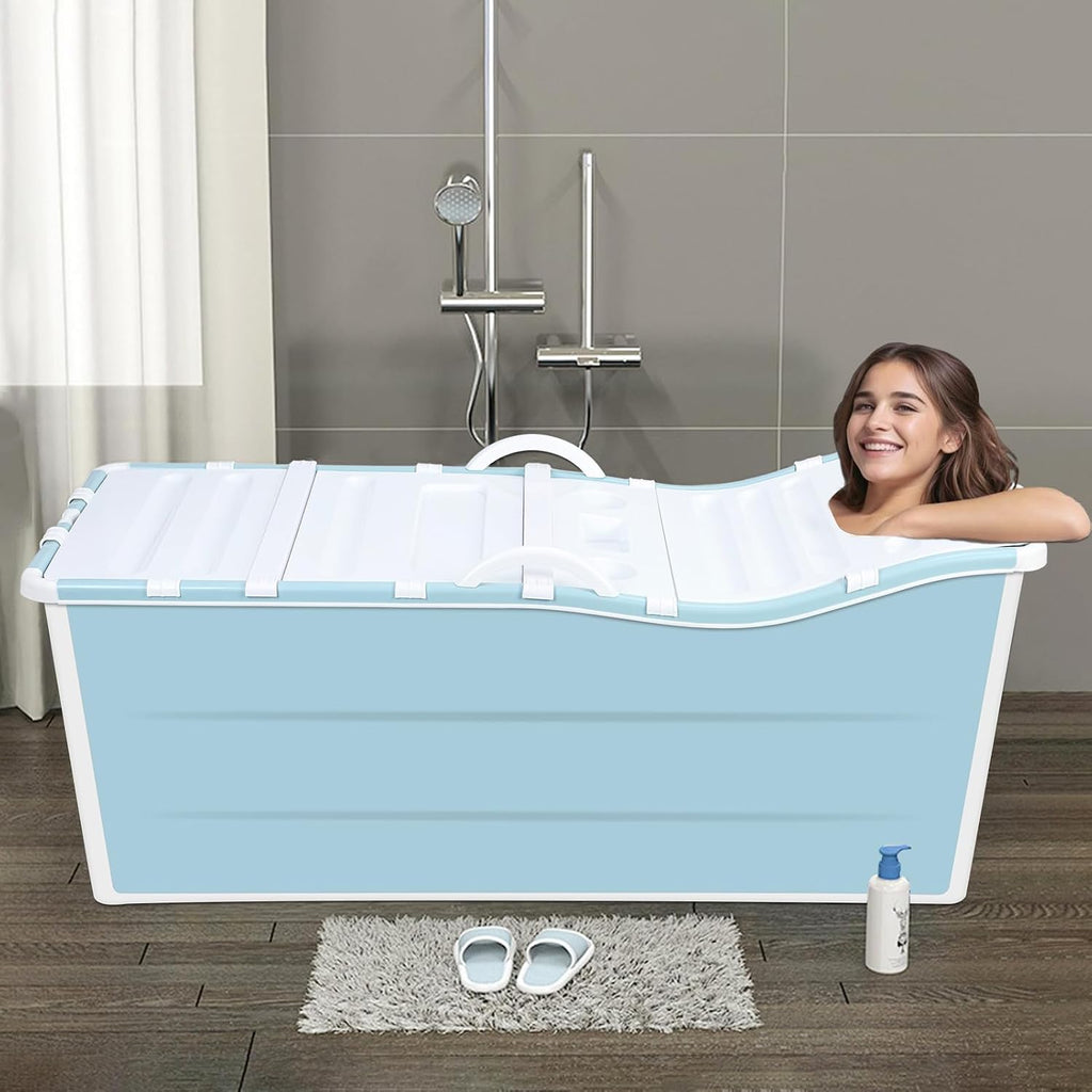 Portable Foldable Bathtub, Bathing Tub for Shower Stall, Portable Bathtub for Adult, Space Saving Home Spa Bath, Freestanding Effortless Folding Bathtub with Thermal Lid, Handrail Blue