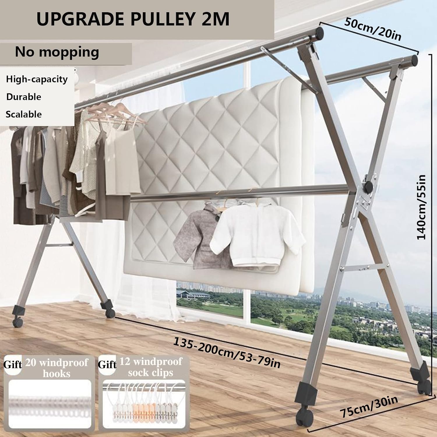 Stainless Steel Foldable Clothes Drying Rack, Adjustable Collapsible Garment Rail, Space-Saving Retractable Stand for Indoor/Outdoor Use, 2m Laundry Dryer