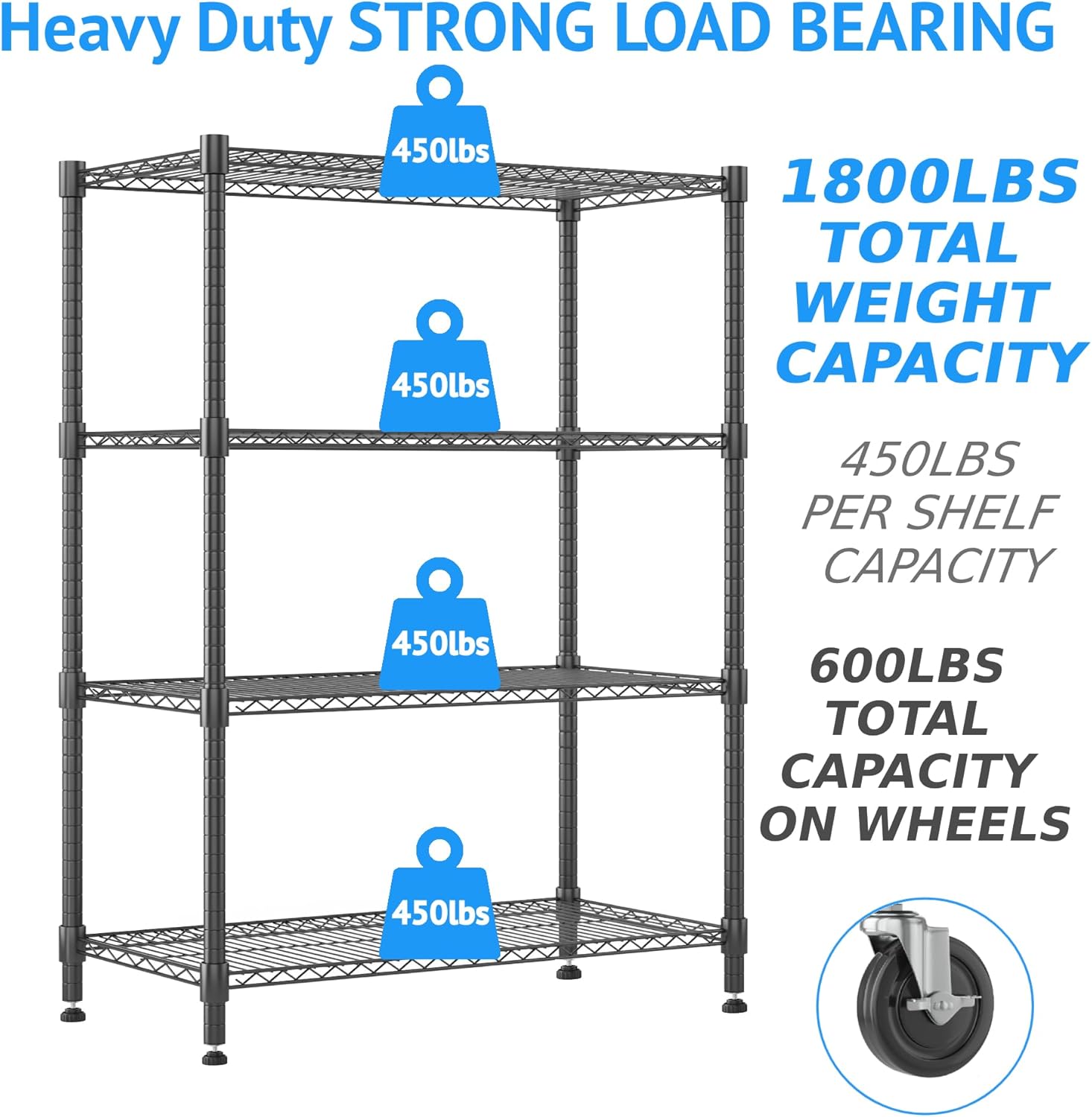Homdox Heavy Duty Metal Shelves for Storage, 4 Tier Storage Racks and Shelving, Commercial Adjustable Wire Shelving Unit on Wheels, Garage Rack Pantry Shelves Kitchen Shelving, 18'x36'x72', Black