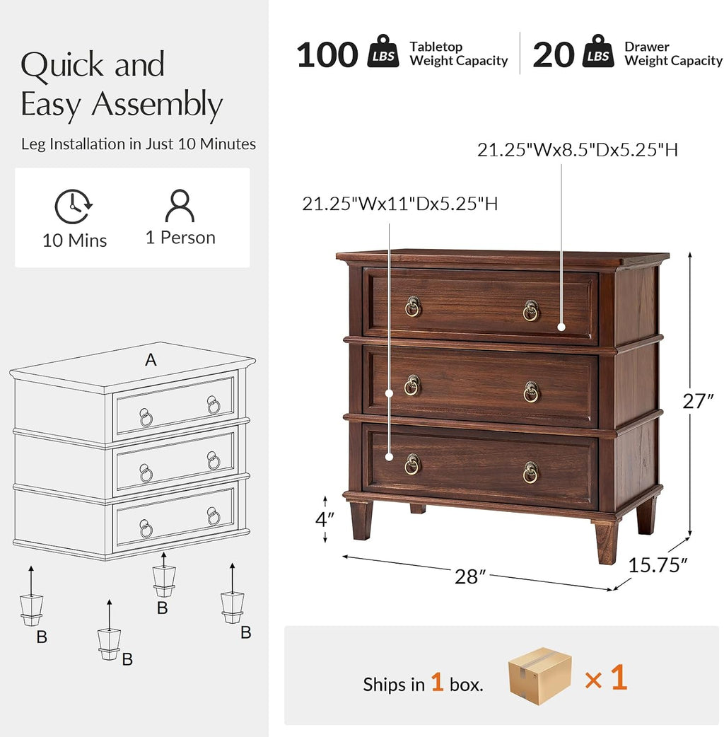 HULALA HOME Farmhouse End Table with 3 Drawers, Paulownia Solid Wood Side Table with Vintage Knobs, Ancient End Table with Charging Station, Easy Assembly, Walnut