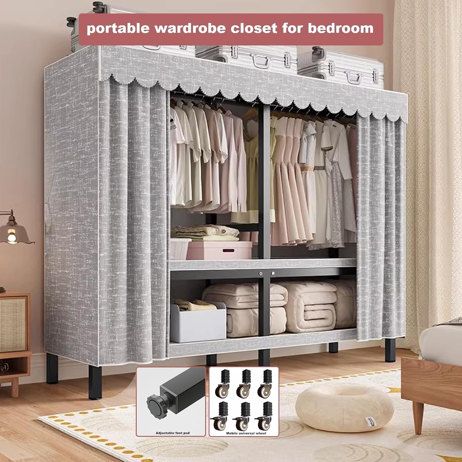 Metal Mobile Closet Rack - Heavy-Duty Clothes Rack Covers On Wheel 2000lbs Foldable Portable Wardrobe For Hanging Clothes Rolling Garment Rack Clothing Coat Storage Rack For Bedroom(80in(wheel))