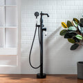 WOODBRIDGE Contemporary Single Handle Floor Mount Freestanding Tub Filler Faucet with Hand Shower in Matte Black Finish