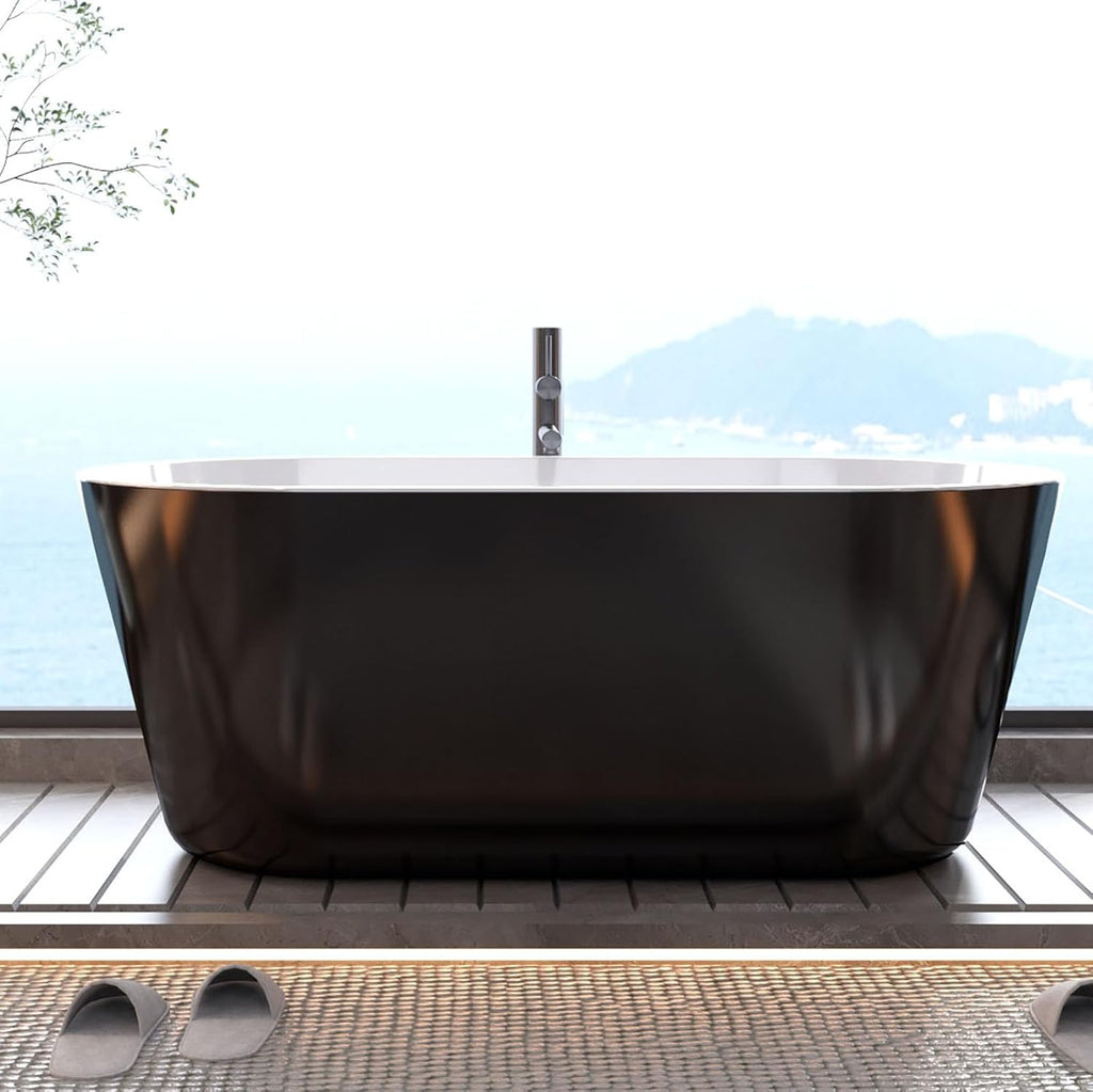 GarveeTech 59 in Acrylic Freestanding Bathtub, Contemporary Stand Alone Tub,Black Soaking Tub, Oval Bathtub with Chrome Overflow and Drain, CUPC Certified