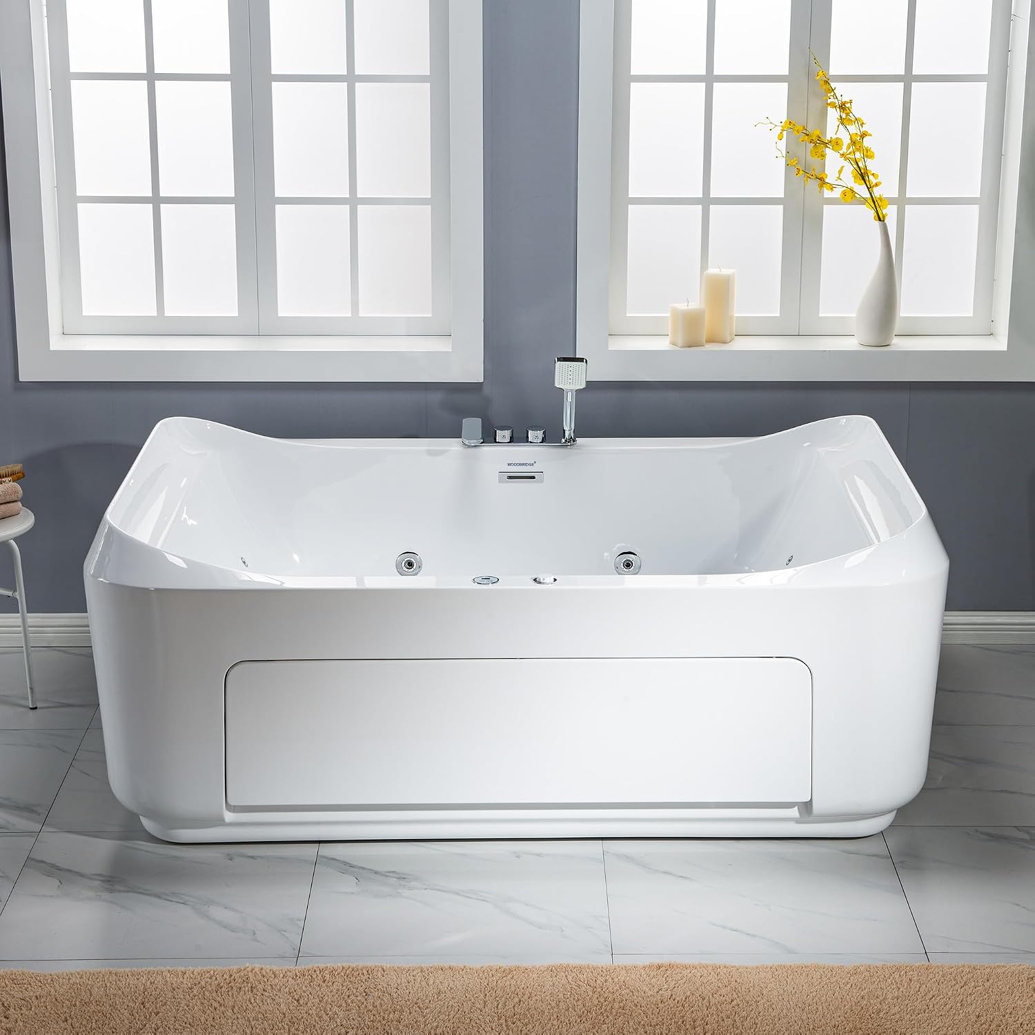 WOODBRIDGE 70-7/8'L x 47-1/4'W 2 Person Freestanding Hydrotherapy Whirlpool and Air Bath Heated Soaking Combination Massage Tub with Adjustable Speed Air Blower and Display Control Panel, B0091