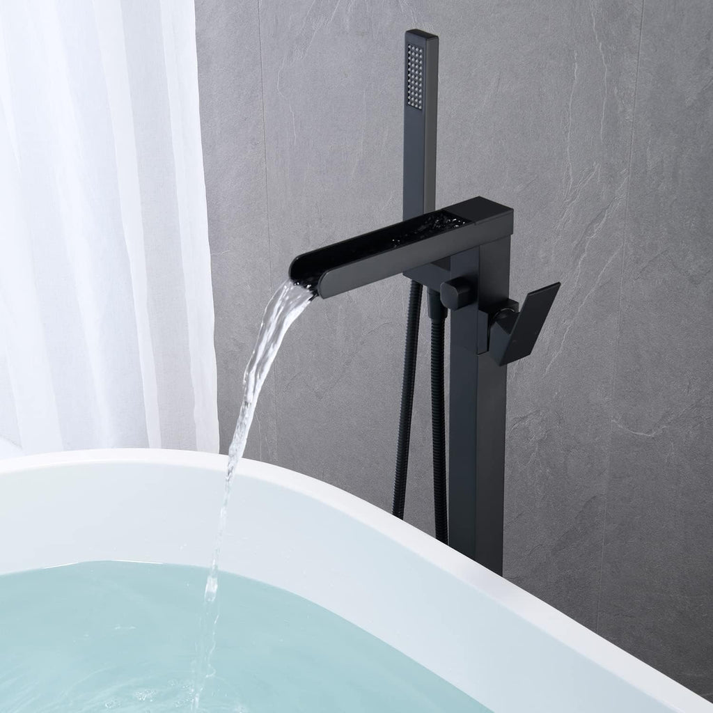 Wowkk Waterfall Tub Filler Freestanding Bathtub Faucet Black Floor Mount Brass Single Handle Bathroom Faucets with Hand Shower