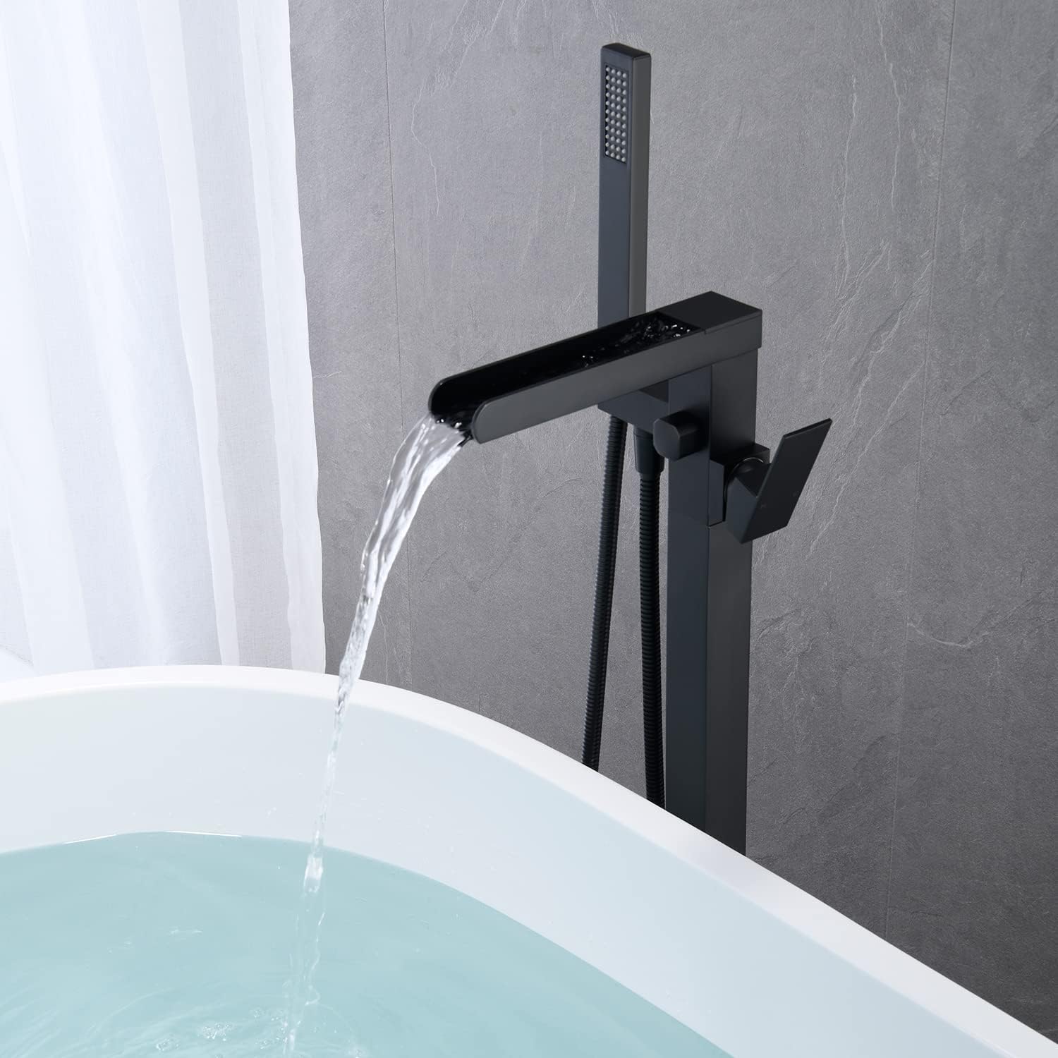 Wowkk Waterfall Tub Filler Freestanding Bathtub Faucet Black Floor Mount Brass Single Handle Bathroom Faucets with Hand Shower