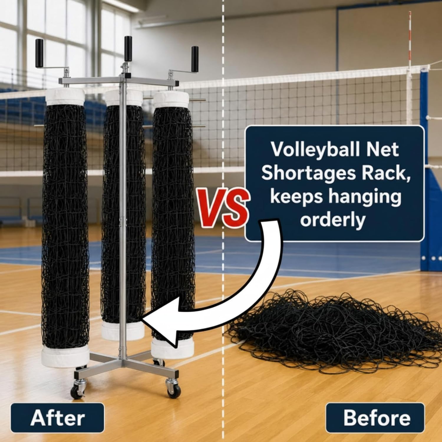 Duraaamo Volleyball Net Storage Rack for 3 Standard Nets, Movable Net Holder with Wheels, Multi-sport Equipment Organizer for Volleyball Badminton Tennis, Untangled Design Vertical Rack for School Gym