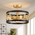 XINGQI 13' Modern Semi Flush Mount Ceiling Light Fixture, Black and Gold Drum Chandelier with Metal Shade Farmhouse Round Ceiling Lamp for Living Dining Room Bedroom