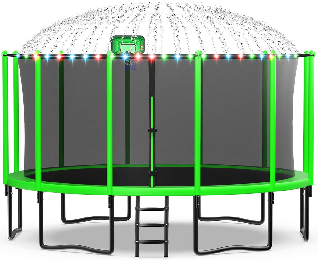 Exal Trampoline Outdoor with Basketball Hoop and Enclosure Net, 1500LBS Backyard Heavy Duty Trampoline ASTM CPC Certified Kids Trampoline, Light, Sprinkler, Socks, No-Gap Pad, Wind Stakes Included