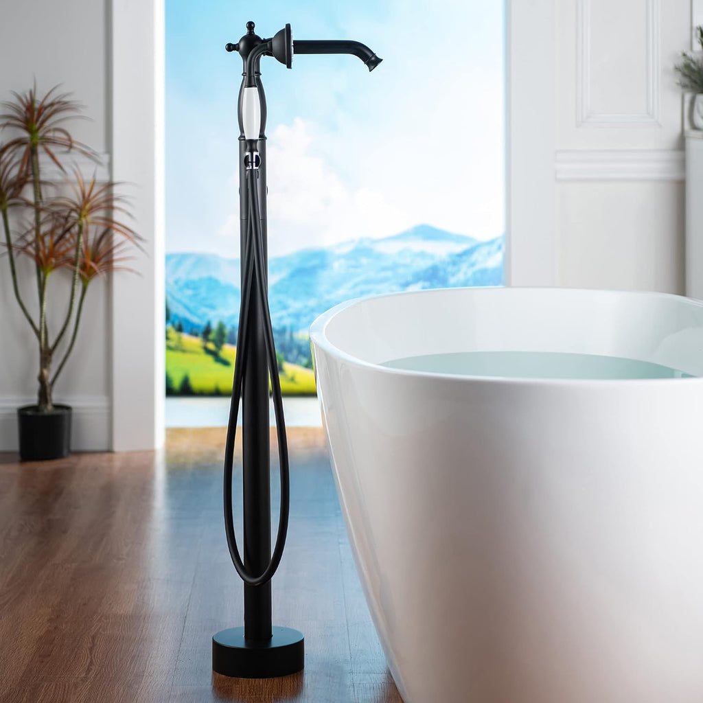 WOODBRIDGE Contemporary Single Handle Floor Mount Freestanding Tub Filler Faucet with Hand Shower in Matte Black Finish