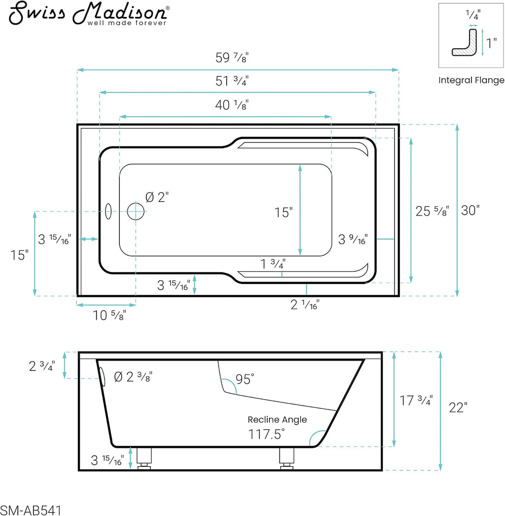 Swiss Madison Ivy 54'' x 30' Bathtub with Apron Right Hand Drain in White