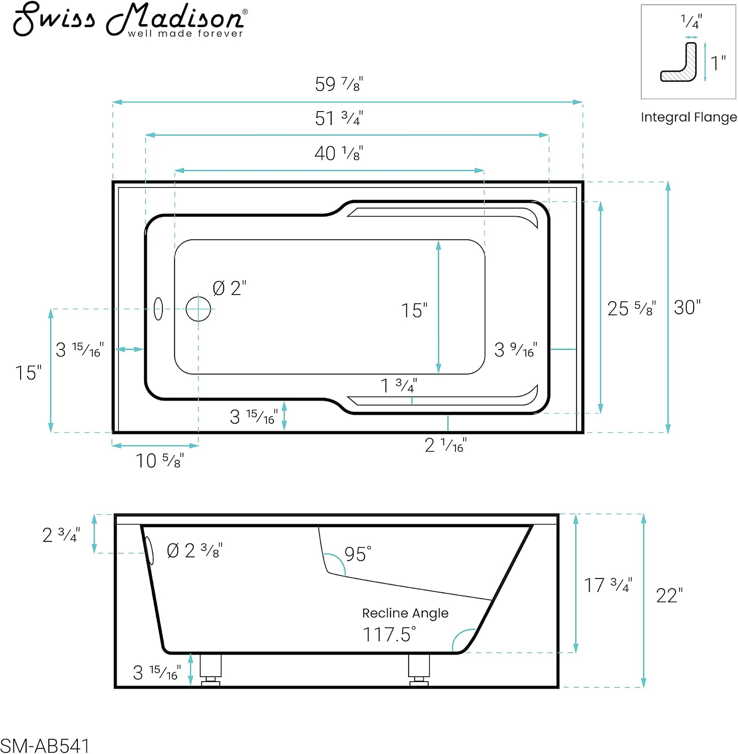 Swiss Madison Ivy 54'' x 30' Bathtub with Apron Right Hand Drain in White