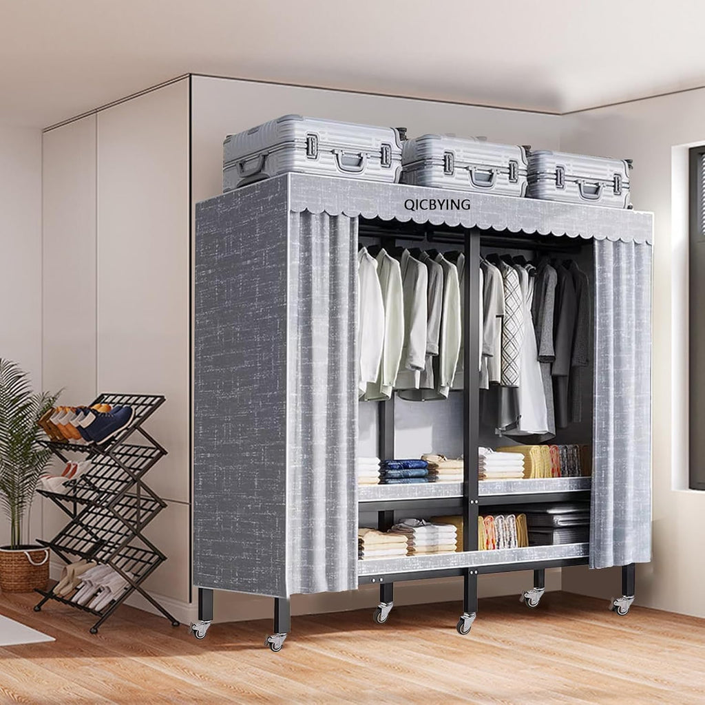 Wardrobe Storage Closet - Heavy Duty Rolling Garment Rack With Cover, Foldable Clothing Rack For Hanging Clothes, Portable Freestanding Closets Wardrobe , Metal Armoires, Max 2000lbs ( Size : 203*52*1