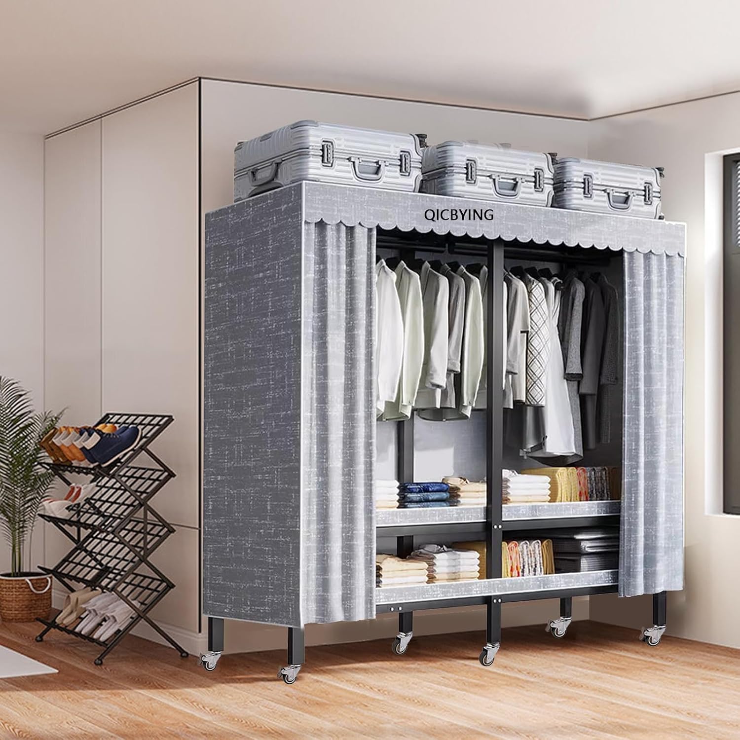 Wardrobe Storage Closet - Heavy Duty Rolling Garment Rack With Cover, Foldable Clothing Rack For Hanging Clothes, Portable Freestanding Closets Wardrobe , Metal Armoires, Max 2000lbs ( Size : 203*52*1
