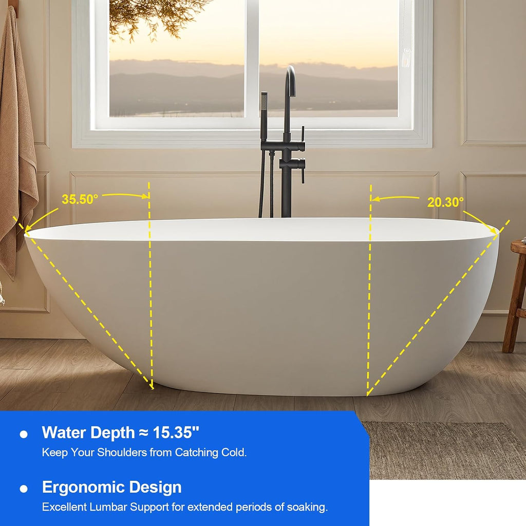 Cpingao 55' Stone Resin Freestanding Bathtub Contemporary Soaking Matte White Tub with Drain and Overflow, 8848-1400