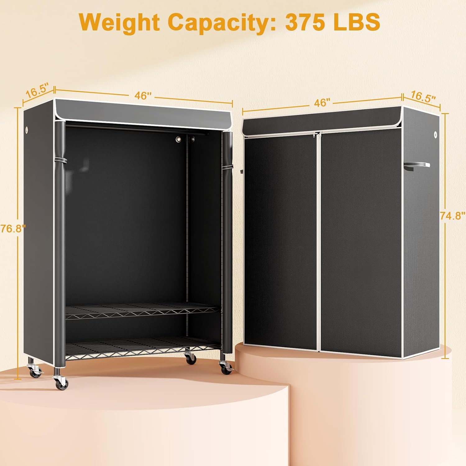 ULIFHOME P6C Plus & P6C Rolling Clothes Rack with Cover, Covered Clothing Rack Heavy Duty, Portable Closet for Hanging Clothes, Garment Rack on Wheels, Black Closet Rack with Black Cover