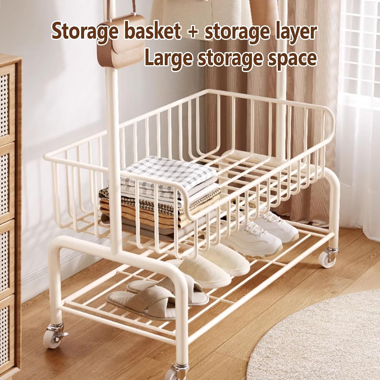 Heavy Duty Clothing Racks With Wheels,Rolling Garment Rack For Hanging Clothes,Metal Rolling Closet Organizer,Clothes Racks With Storage Shelves(White,60cm/23.6in)