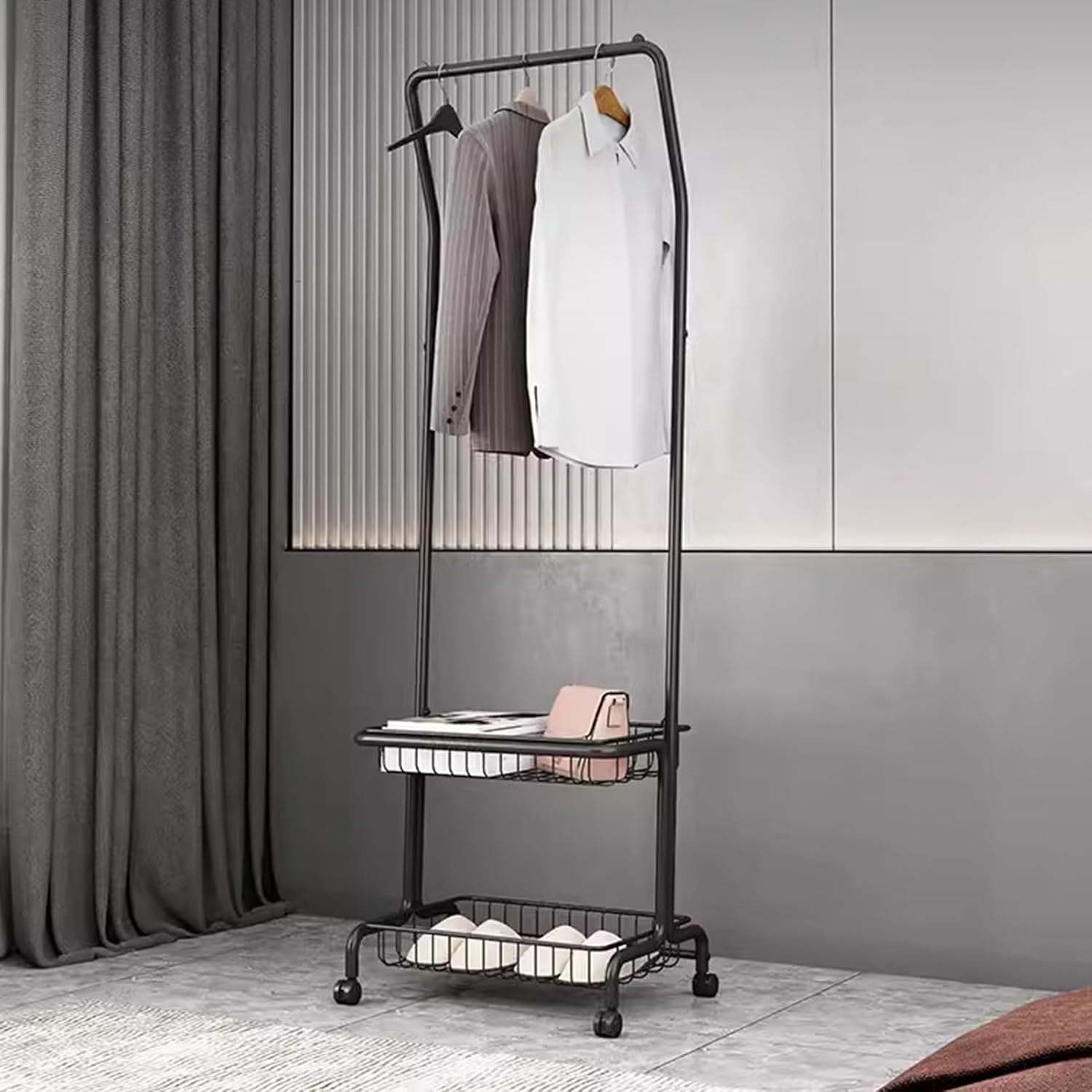Heavy duty Garment rack 2-In-1 Clothes Rack With 2 Storage Basket, Heavy Duty Metal Clothing Rack With Wheels, Rolling Clothes Organizer For Hanging Clothes, Freestanding Coat Rack For Bedroom (Black
