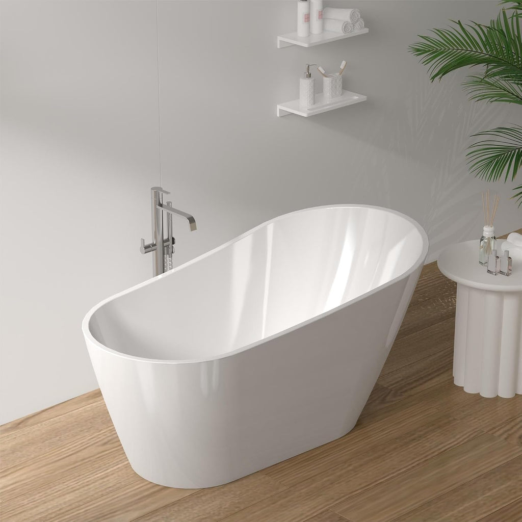 TONA 60' Acrylic Freestanding Bathtub Contemporary Soaking White Tub cUPC Certified, Toe-Tap Chrome Drain & Overflow Assembly Included
