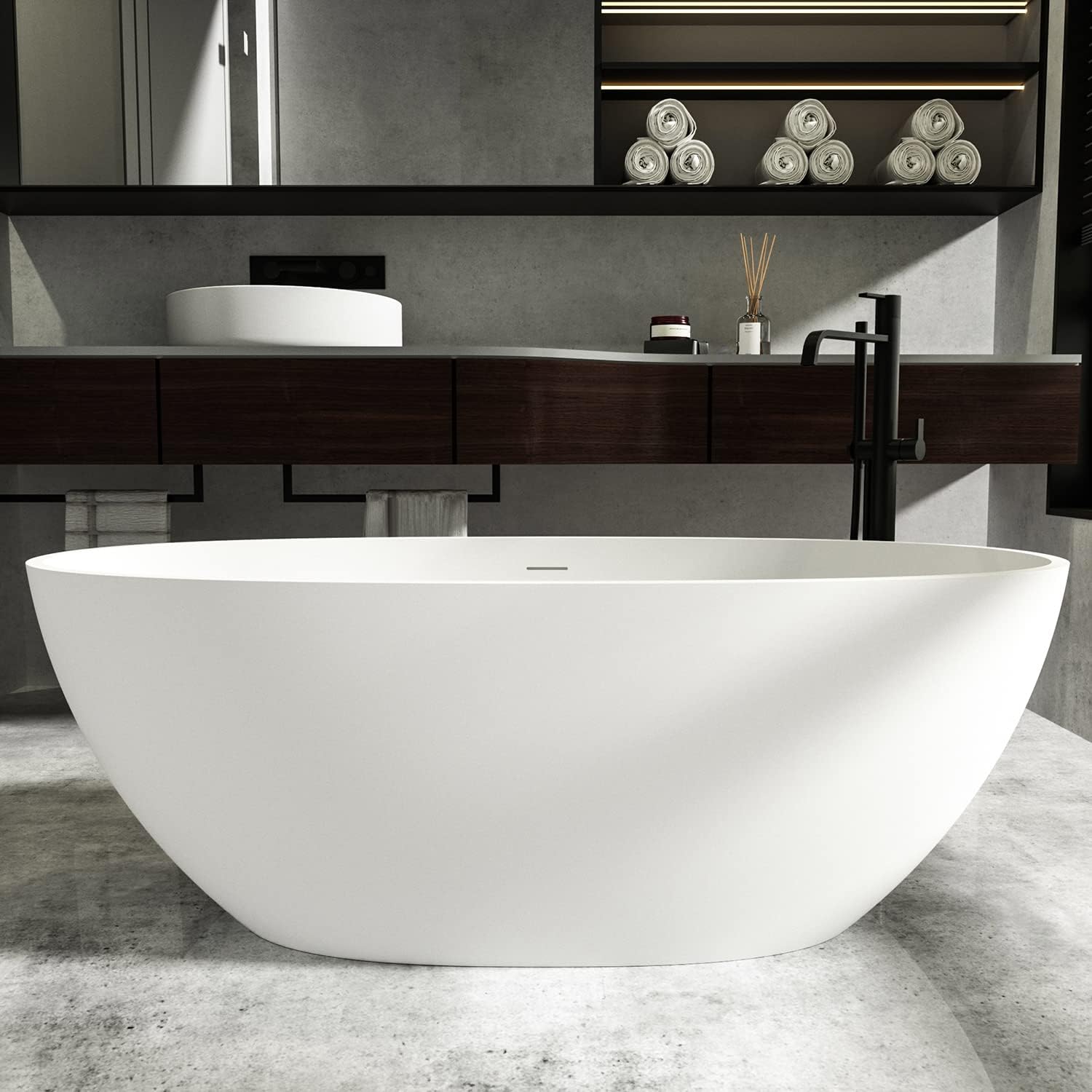 Cpingao 63' Freestanding Bathtub, Oval Shaped Resin Stone Freestanding Tubs, Solid Surface Matte White Soaking Tub with Overflow and Pop-up Drain 8801-1600
