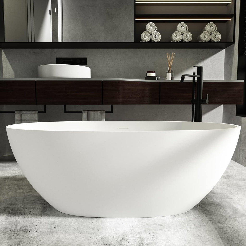 Cpingao 67' Freestanding Bathtub, Oval Shaped Stone Resin Freestanding Tubs, Solid Surface Matte White Soaking Tub with Overflow and Pop-up Drain 8801-1700