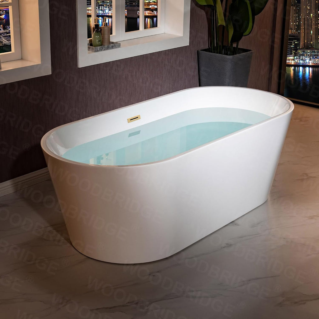WOODBRIDGE 71' Acrylic Freestanding Bathtub Contemporary Soaking White Tub with Brushed Gold Overflow and Drain,B1701-BG