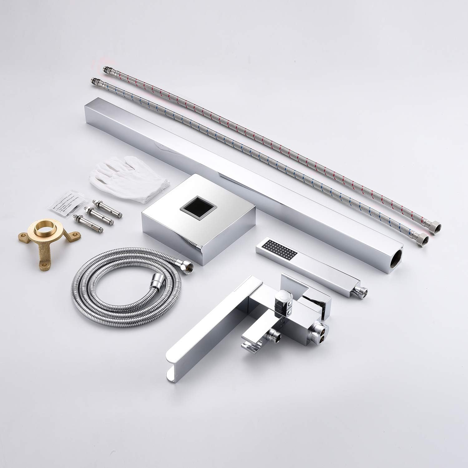Wowkk Freestanding Tub Filler Waterfall Bathtub Faucet Chrome Floor Mount Brass Single Handle Bathroom Faucets with Hand Shower