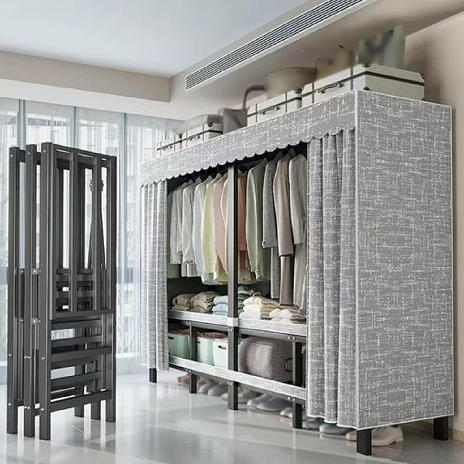 Wardrobe Clothes Organizer - Heavy Duty Metal Garment Rack With Fabric Cover And 2 Hanging Rods, Portable Foldable Wardrobe Closet, Fabric Wardrobe Closet, Load 1200 Lbs For Hanging Clothes(190cm/74.8