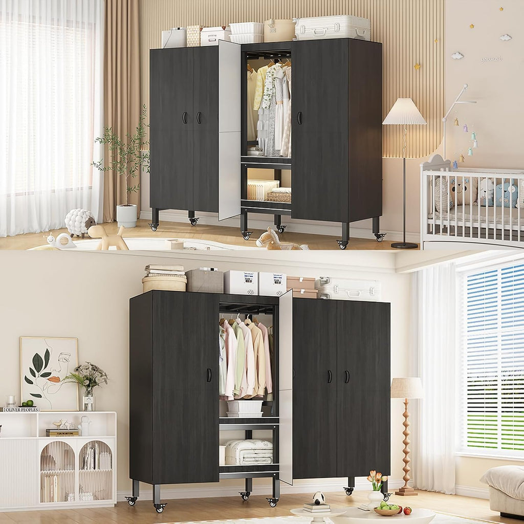 Heavy Duty Covered Clothes Rack with Magnetic Door Foldable Portable Wardrobe Closet for Hanging Clothing Rolling Black Metal Garment Rack on Wheels Closet System (Black, 70.89in)