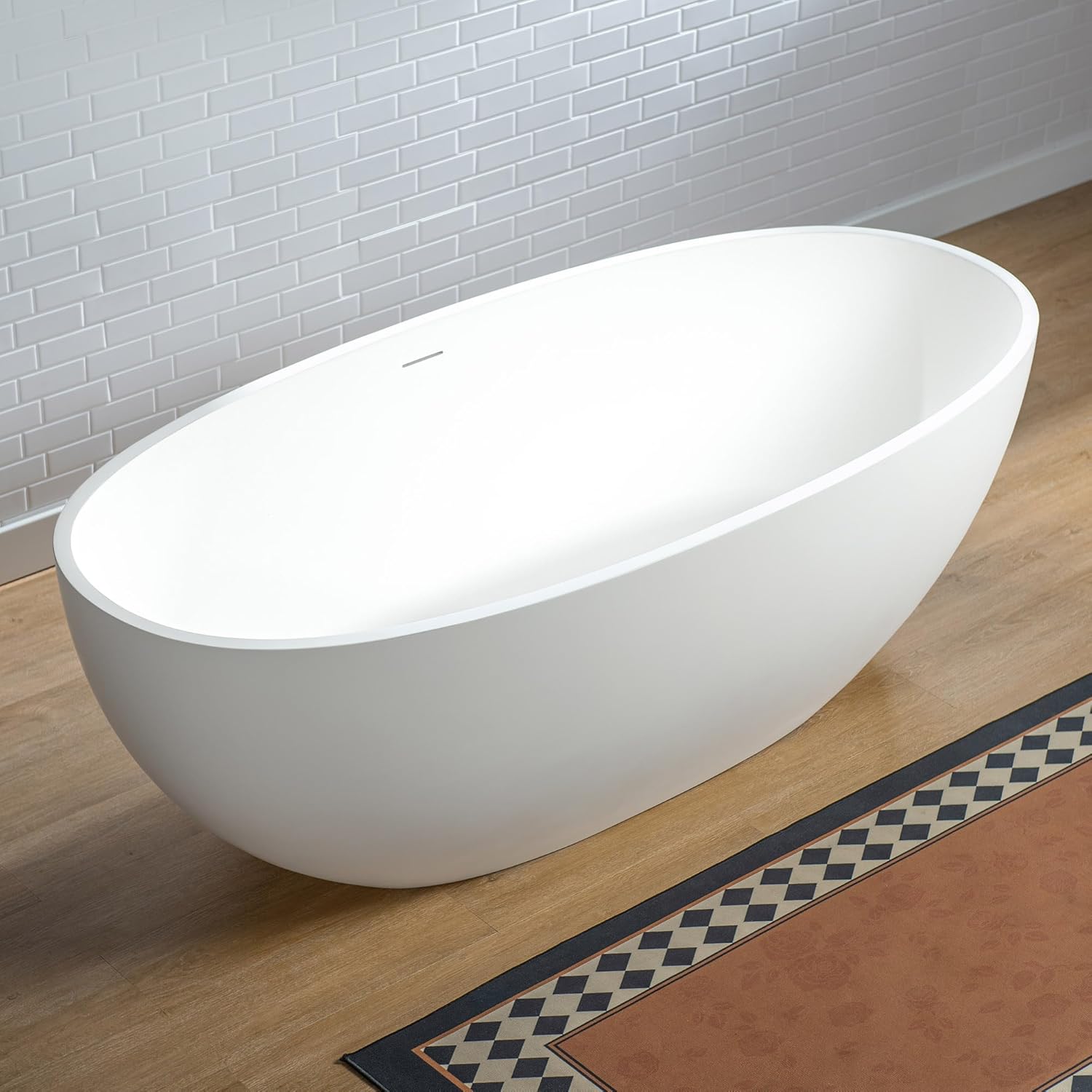 WOODBRIDGE 61' Stone Resin Freestanding Soaking Tub, Modern Oval Solid Surface Bathtub with Integrated Slotted Overflow & Drain, Matte White
