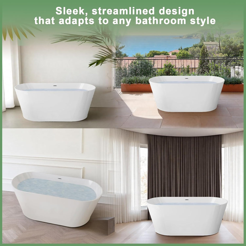 67' Acrylic Freestanding Bathtub Contemporary Oval Shape Soaking Bath Tub Gloss White Stand Alone Tub with Toe-Tap Chrome Drain & Overflow for Indoor Bathing