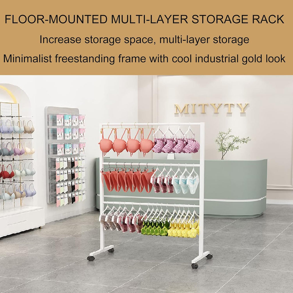 Scarf Display Rack Freestanding Metal Organizer with Wheels, 3-Tier Shelves for Bedroom/Boutique - Underwear Panty Shorts Bra Stand for Clothes White-60×40×135CM