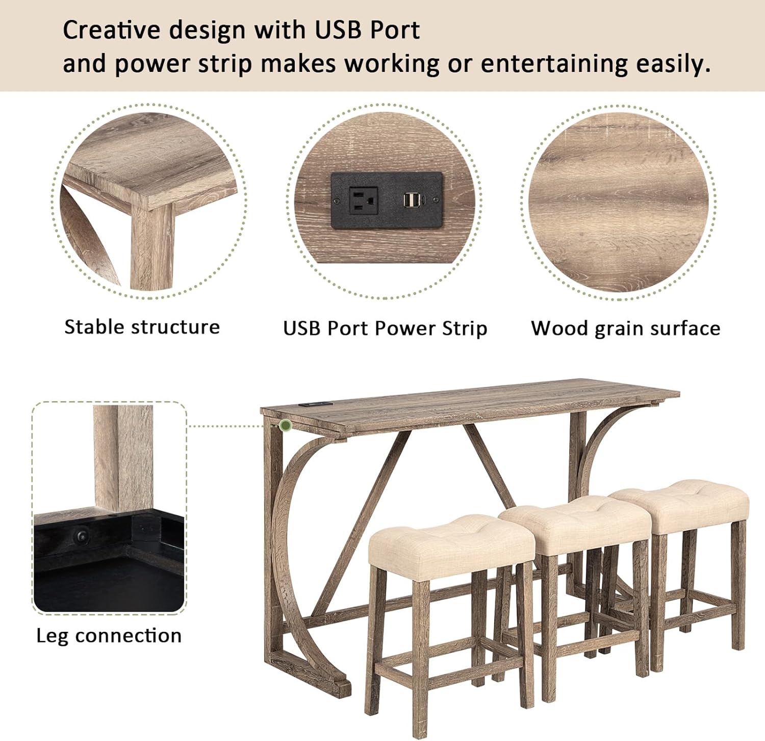 Polibi 4-Piece Farmhouse Counter Height Dining Set,Bar Table and Chairs Set,Bar Table with Power Outlet and 3 Padded Saddle Seat Stools for Living Room,Dining Room,Game Room,Brown
