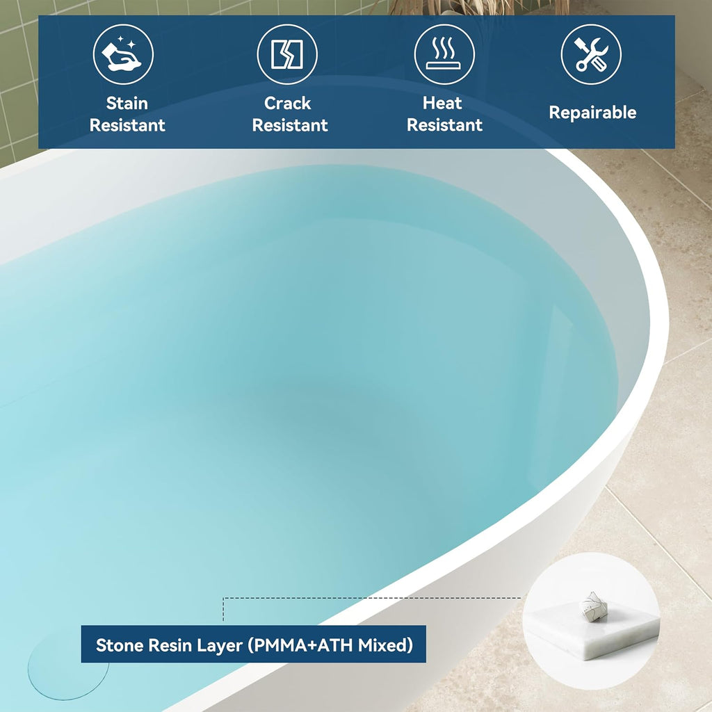 FerdY Fiji 59' Stone Resin Freestanding Bathtub, Elegant Oval Freestanding Soaking Bathtub, Solid Surface Soaking Tub, Matte White, cUPC Certified, Pop-up and Drain Integrated Slotted Overflow