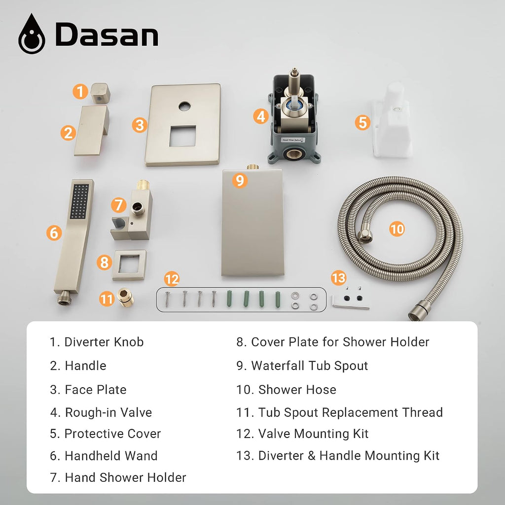 DASAN Waterfall Tub Filler Faucet Wall Mount with Hand Shower, Modern Wall Mounted Bathtub Faucet Brushed Nickel Tub Faucet with High Flow Rough in Valve, SA-TF01WH-BN