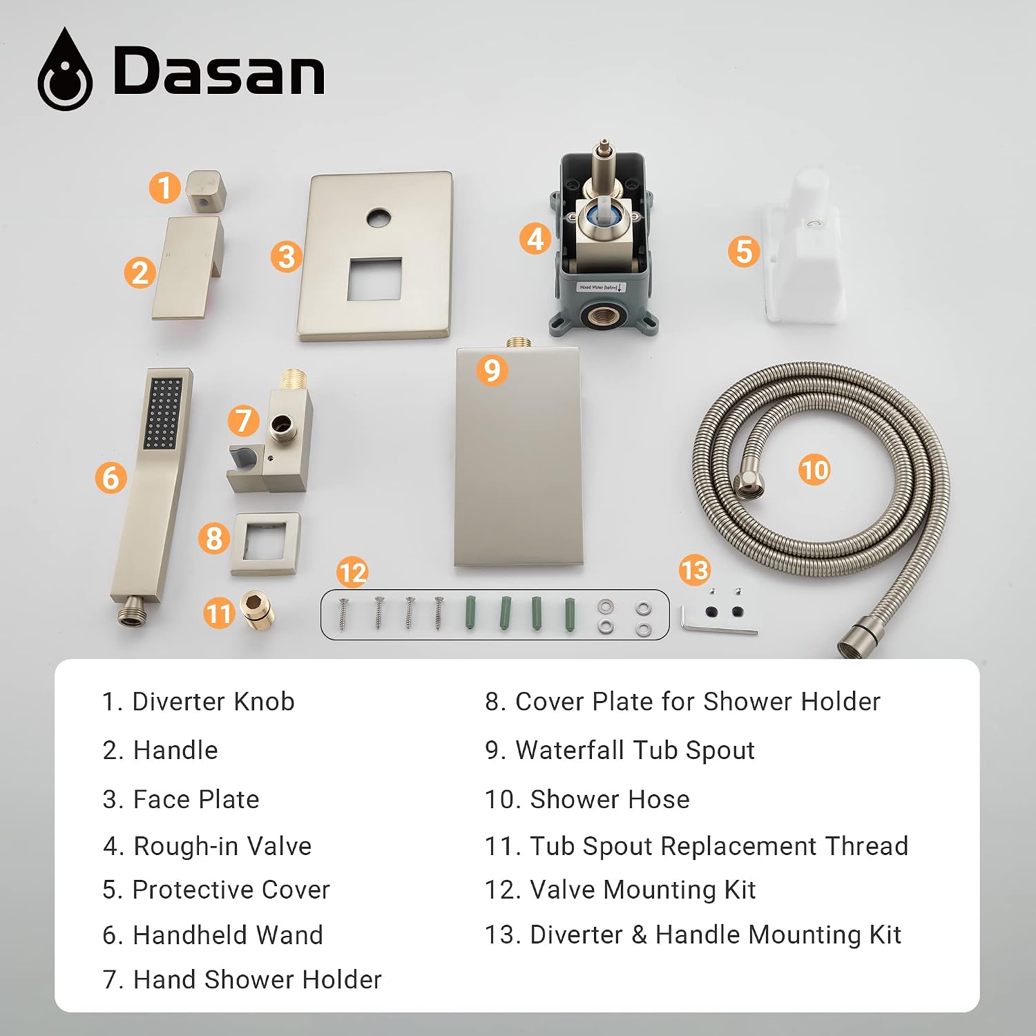 DASAN Waterfall Tub Filler Faucet Wall Mount with Hand Shower, Modern Wall Mounted Bathtub Faucet Brushed Nickel Tub Faucet with High Flow Rough in Valve, SA-TF01WH-BN