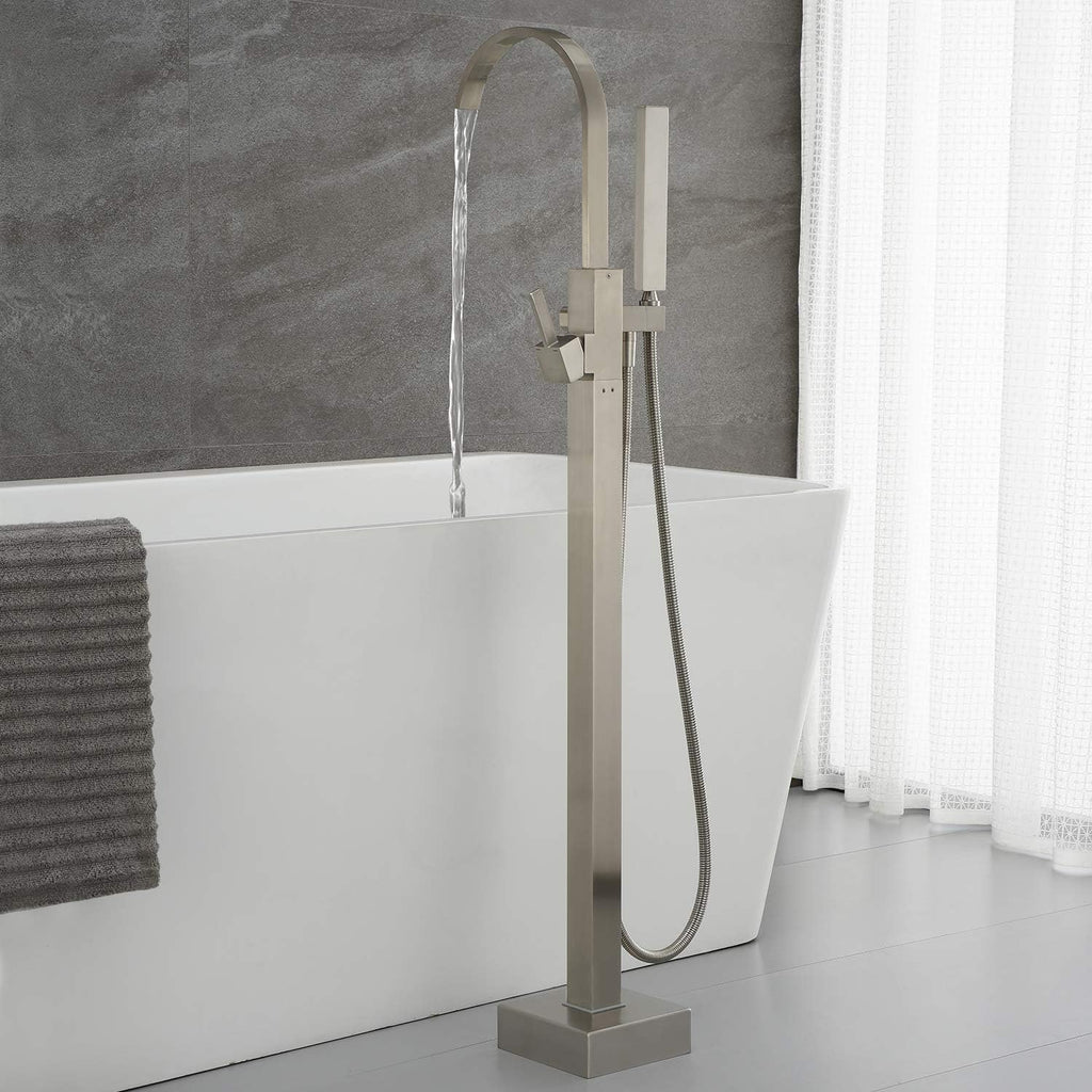 Freestanding Bathtub Faucet Tub Filler Brushed Nickel Waterfall Floor Mount Faucets Single Handle with Hand Shower