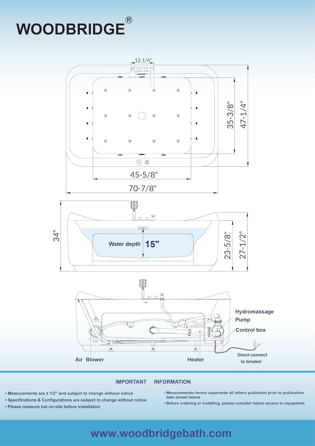 WOODBRIDGE 70-7/8'L x 47-1/4'W 2 Person Freestanding Hydrotherapy Whirlpool and Air Bath Heated Soaking Combination Massage Tub with Adjustable Speed Air Blower and Display Control Panel, B0091