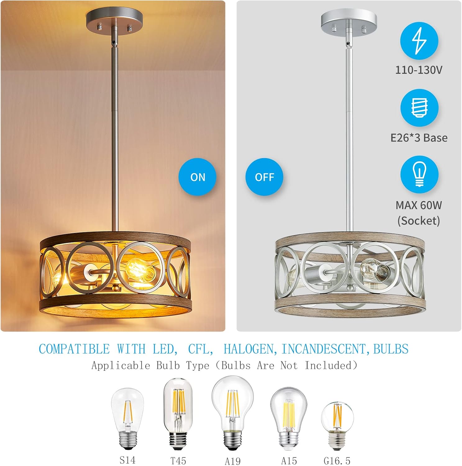 XINGQI 13' Rustic Drum Pendant Lighting Fixture Modern Chandelier 3-Light Height Adjustable Ceiling Lamp for Dining Room Kitchen Island Living Room Bedroom Foyer Hallway, Brushed Nickel