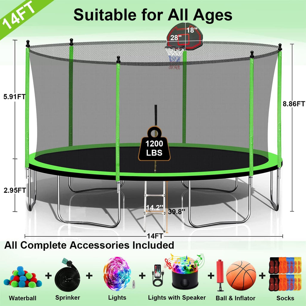 1500LBS 16FT 15FT 14FT 12 FT 10FT 8FT Tranpoline for Kids and Adults with Sprinkler, Lights with Music Speaker, Socks, Water Ball, Heavy Duty Outdoor Tranpoline with Net Enclosure and Ladder