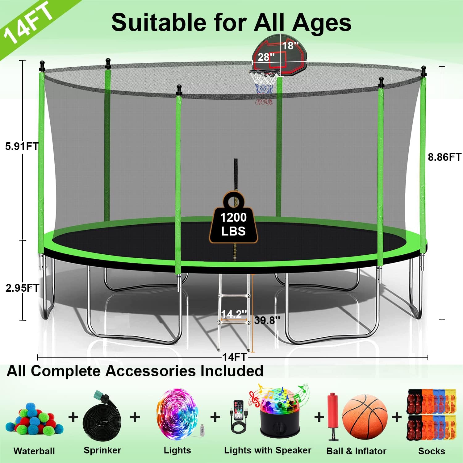 1500LBS 16FT 15FT 14FT 12 FT 10FT 8FT Tranpoline for Kids and Adults with Sprinkler, Lights with Music Speaker, Socks, Water Ball, Heavy Duty Outdoor Tranpoline with Net Enclosure and Ladder