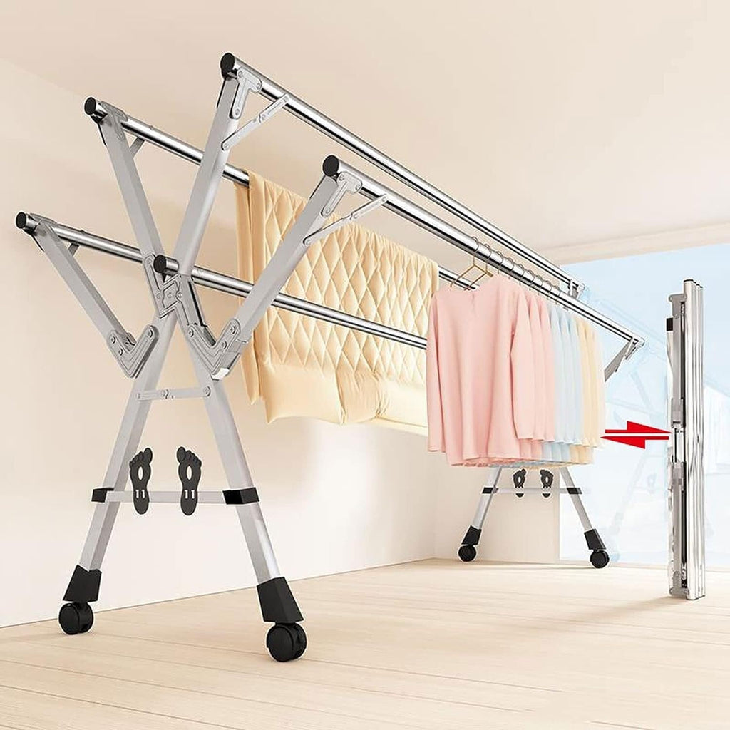 Laundry Drying Rack Floor Folding Indoor Adjustable Clothes Drying Rack Collapsible Laundry Heavy Duty Space-Saving Garment Balcony Bedroom(150cm)