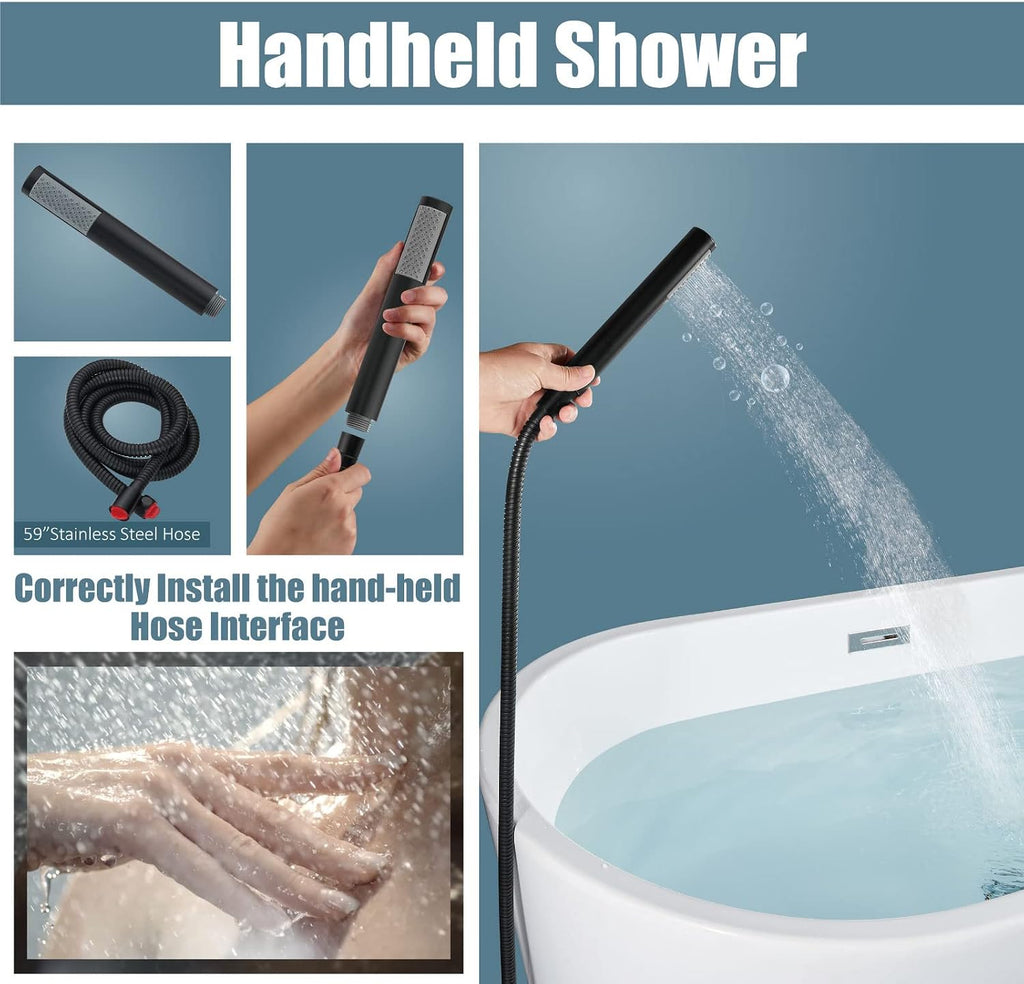 Aolemi Floor Mount Bathtub Faucet Freestanding Tub Filler Standing High Flow Shower Faucets Shower Mixer Taps, Swivel Gooseneck Spout with Cylinder Handheld Matte Black