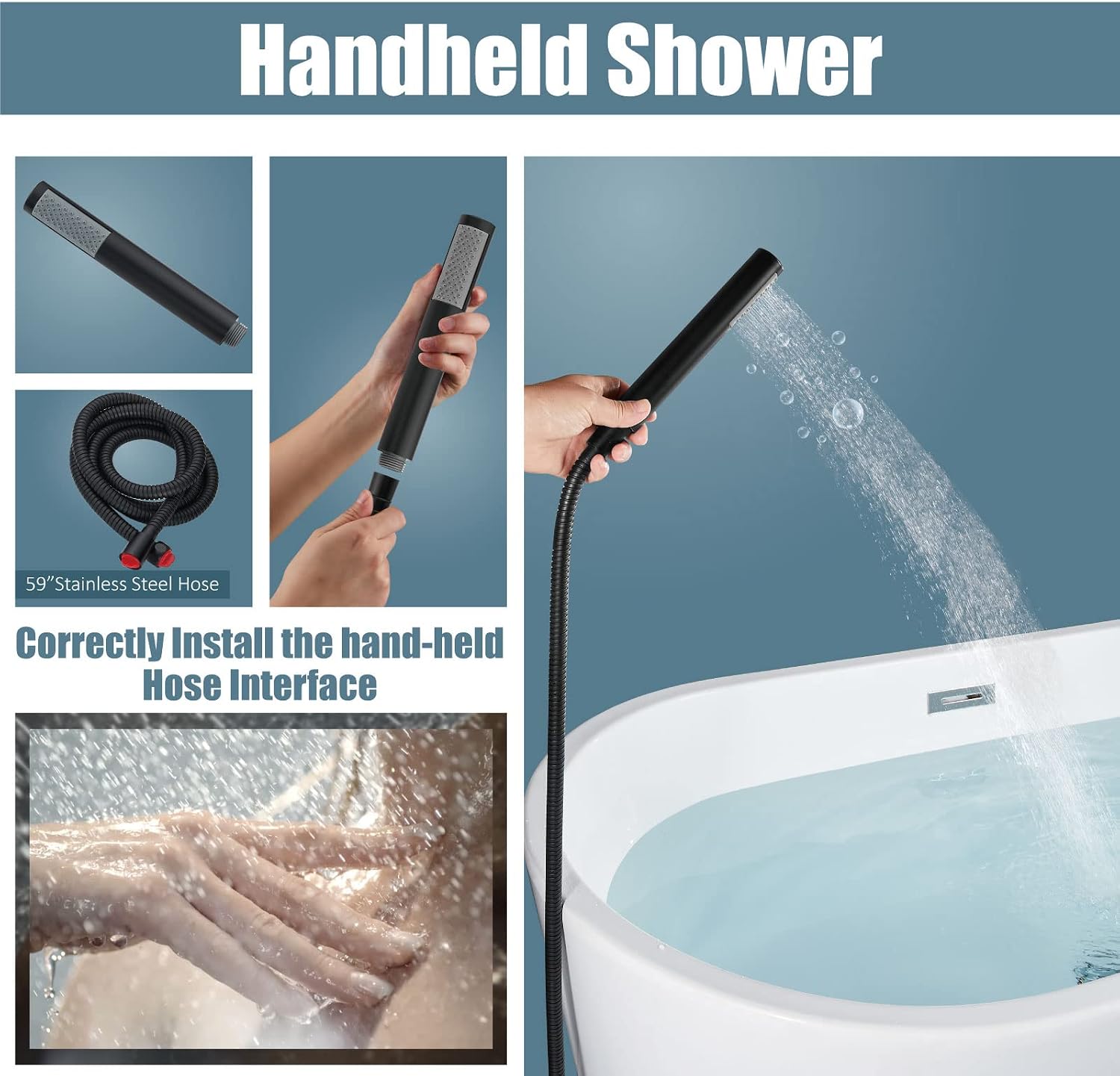 Aolemi Floor Mount Bathtub Faucet Freestanding Tub Filler Standing High Flow Shower Faucets Shower Mixer Taps, Swivel Gooseneck Spout with Cylinder Handheld Matte Black