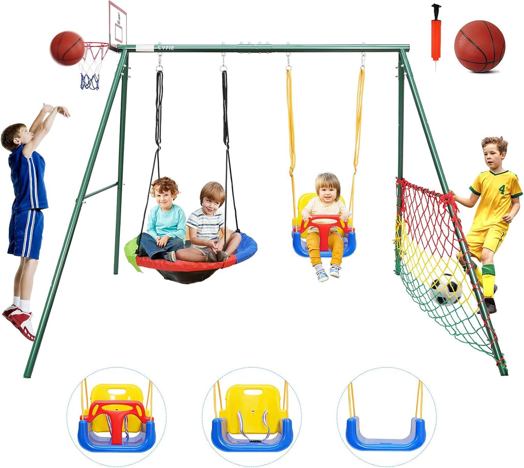 CYFIE Swing Sets for Backyard, 7-in-1 Kids Swing Set and Saucer Swing, Outdoor 440lbs Heavy Duty Metal Frame Stand, Basketball Hoop and Soccer Goal, Toddler Playset for Backyard, Playground