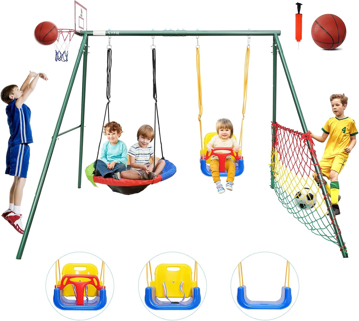 CYFIE Swing Sets for Backyard, 7-in-1 Kids Swing Set and Saucer Swing, Outdoor 440lbs Heavy Duty Metal Frame Stand, Basketball Hoop and Soccer Goal, Toddler Playset for Backyard, Playground