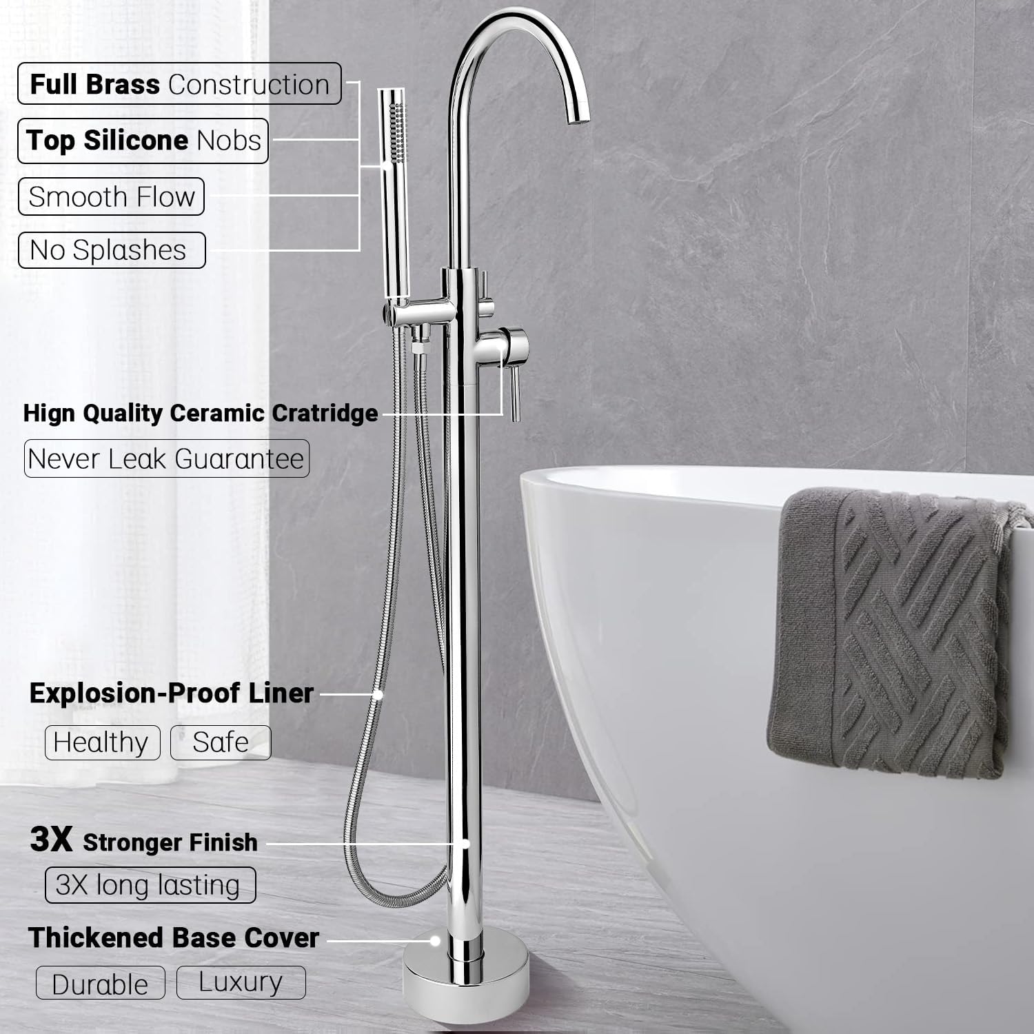 Freestanding Tub Faucets, Floor Mount Free Standing Tub Faucet, Brass Tub Filler, Freestanding Bathtub Faucet Shower Mixer Tap, Chrome