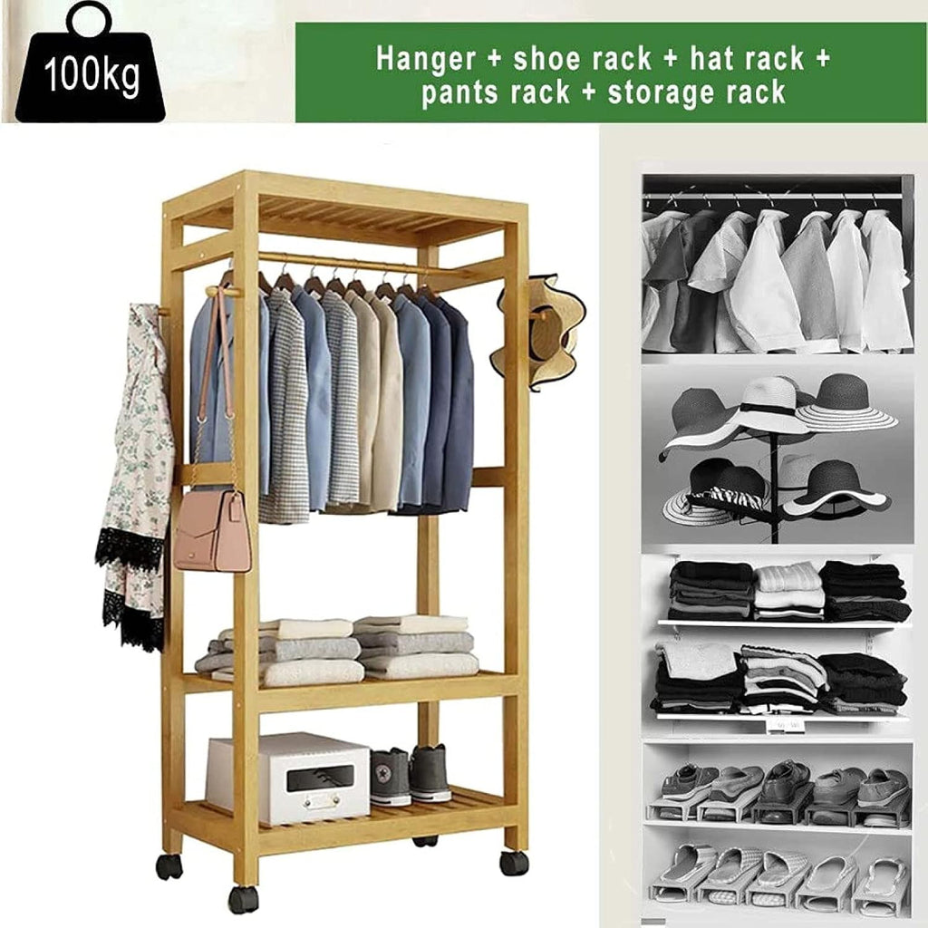 Floor-Standing Solid Wood Rotating Coat Rack，Wooden Rolling Clothes Rack with Shelves & Wheels, 100cm Height, Includes Protective Cover & Hanger - Versatile Storage Organizer for Home & Clos