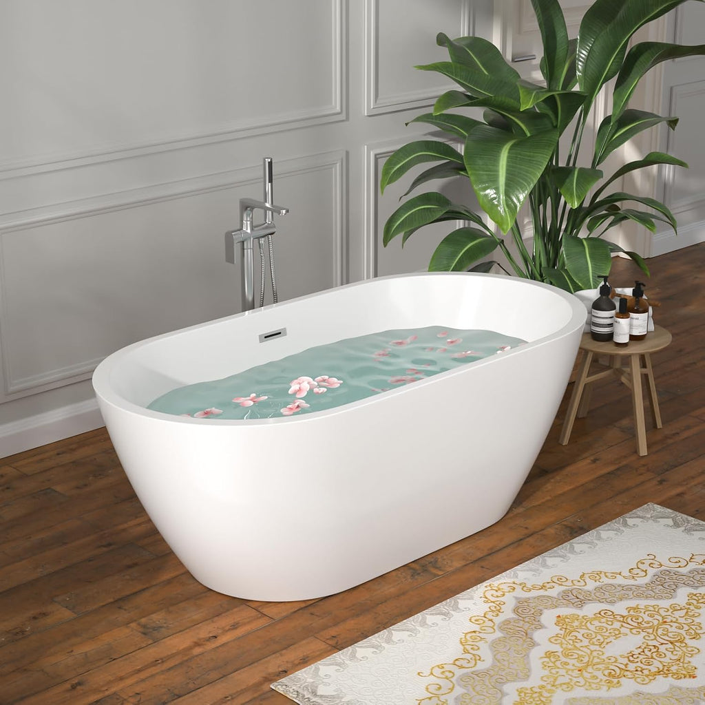 59 Inch Freestanding Acrylic Bathtub White Roll Top Soaking Tub with Smooth Curved Rim, Chrome Drain and Overflow, YSB9216