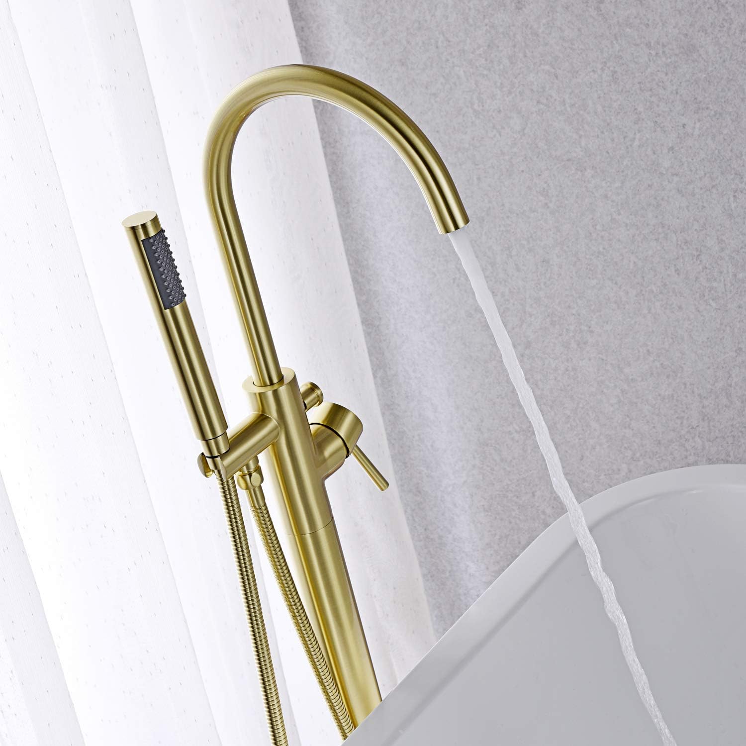 Freestanding Bathtub Faucet Tub Filler Brushed Gold Single Handle Floor Mounted Brass Faucets with Hand Shower